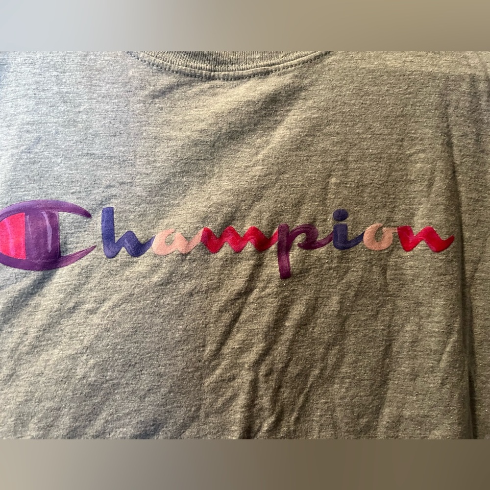 Champion Shirt Size XL Gray and pink purple writing